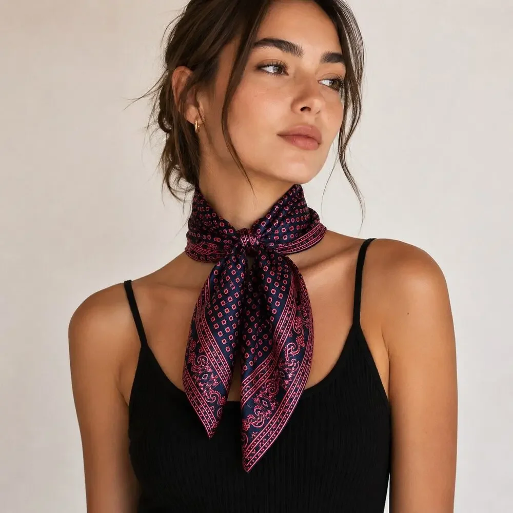 70's vintage geometric foulard square neck scarf bandana silk navy red wrap